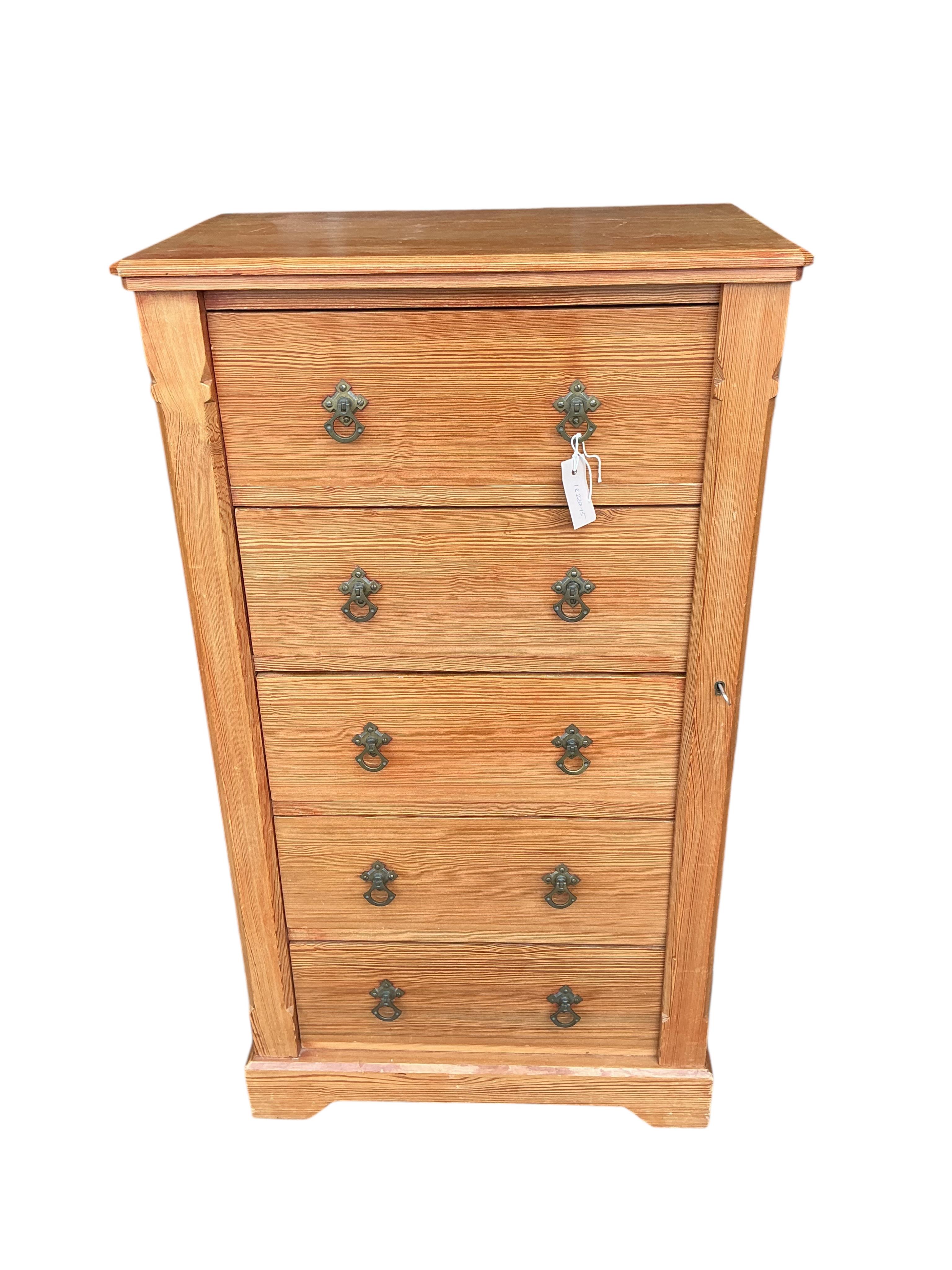 A late Victorian pitch pine wellington chest, width 65cm, depth 40cm, height 116cm